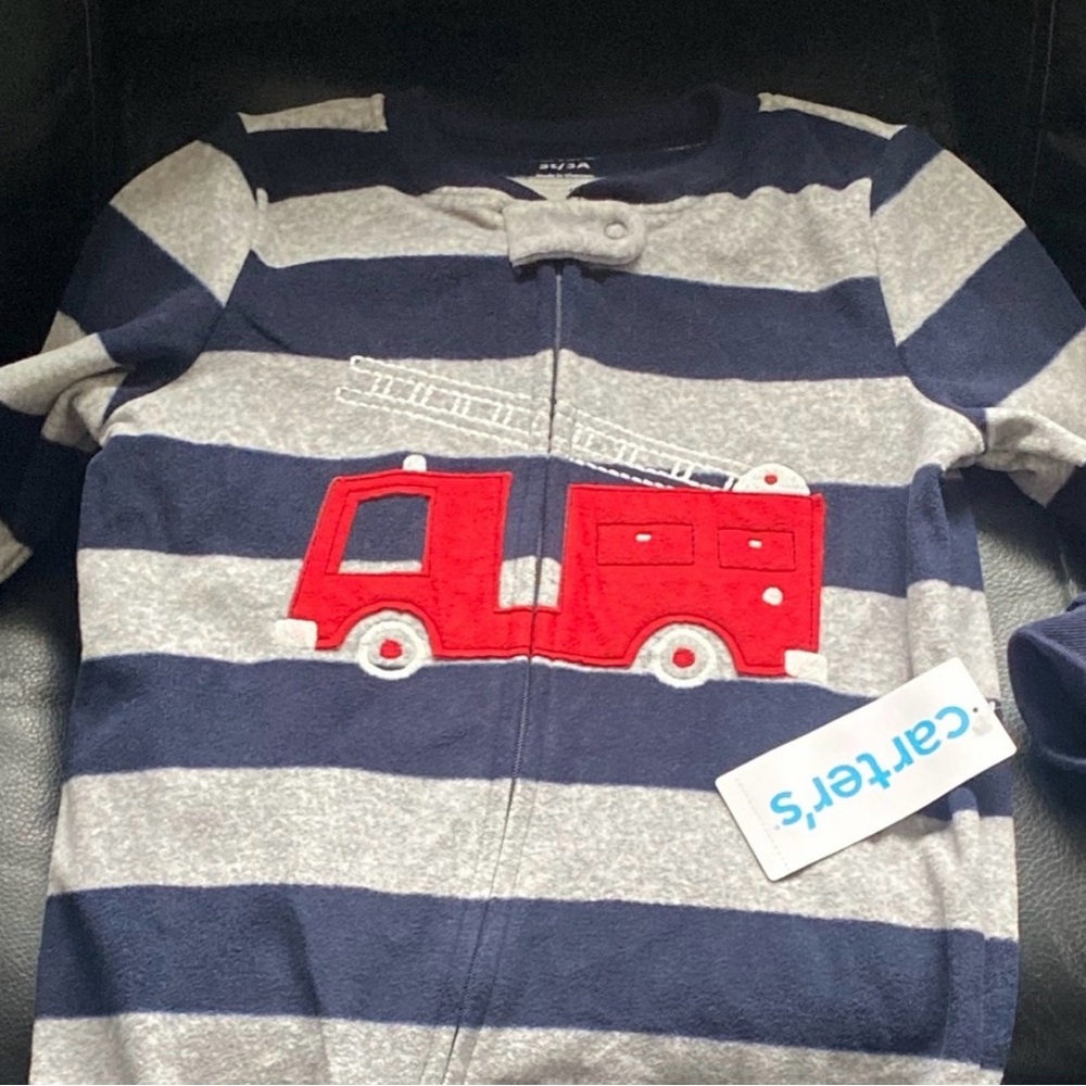Carter's Navy and Gray Striped Hoodie with Red Fire Truck